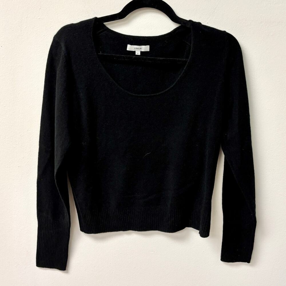 Vince 100% Cashmere Long Sleeve Scoop Neck Cropped Sweater Black Women's Size M